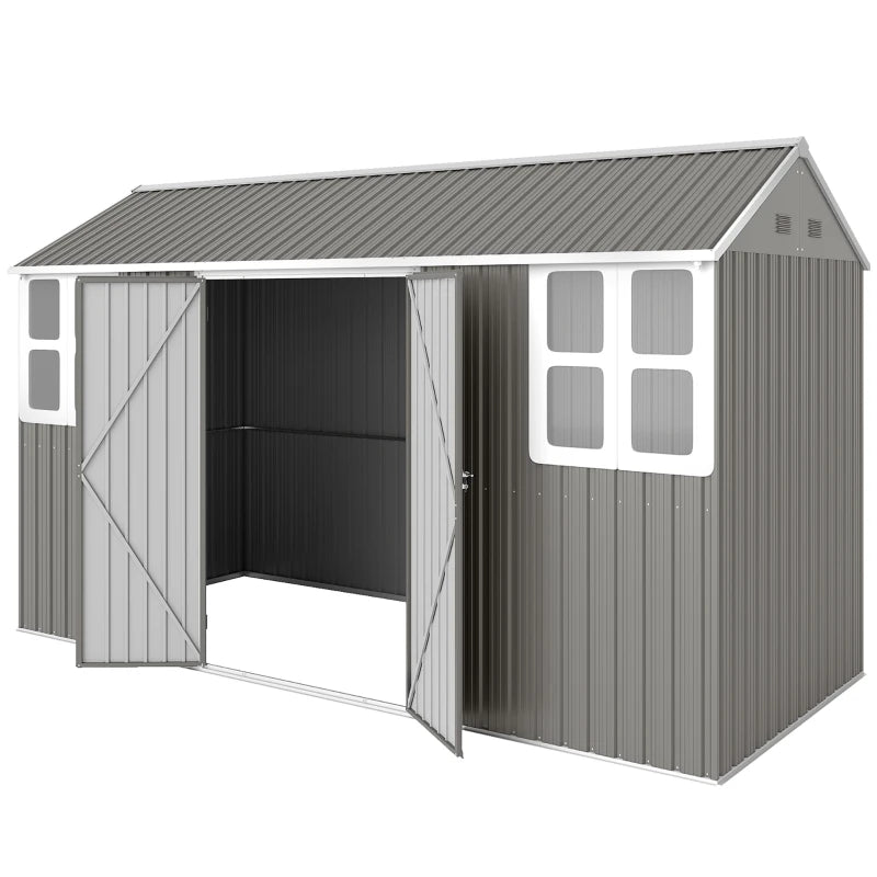 12' x 5.5' Metal Garden Storage Shed, Outdoor Tool Storage House with Lockable Door, Vents, Sloped Roof, Light Grey