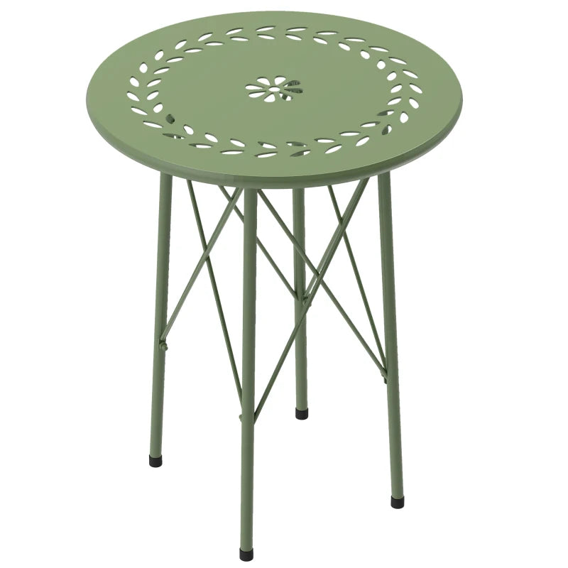 15.7" Round Garden Table with Floral Cut-Out, Steel Balcony Side Bistro Coffee Table with Adjustable Feet, Green