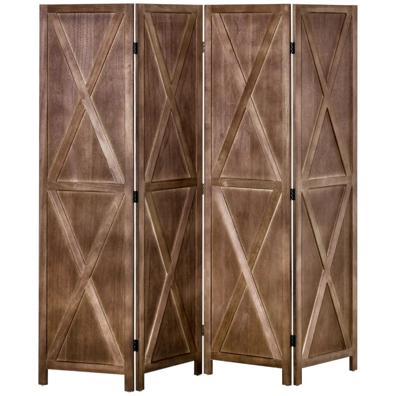 4-panel Wall Partition Farmhouse Room Separator with Foldable Design Wooden Frame 5.6FT, Walnut