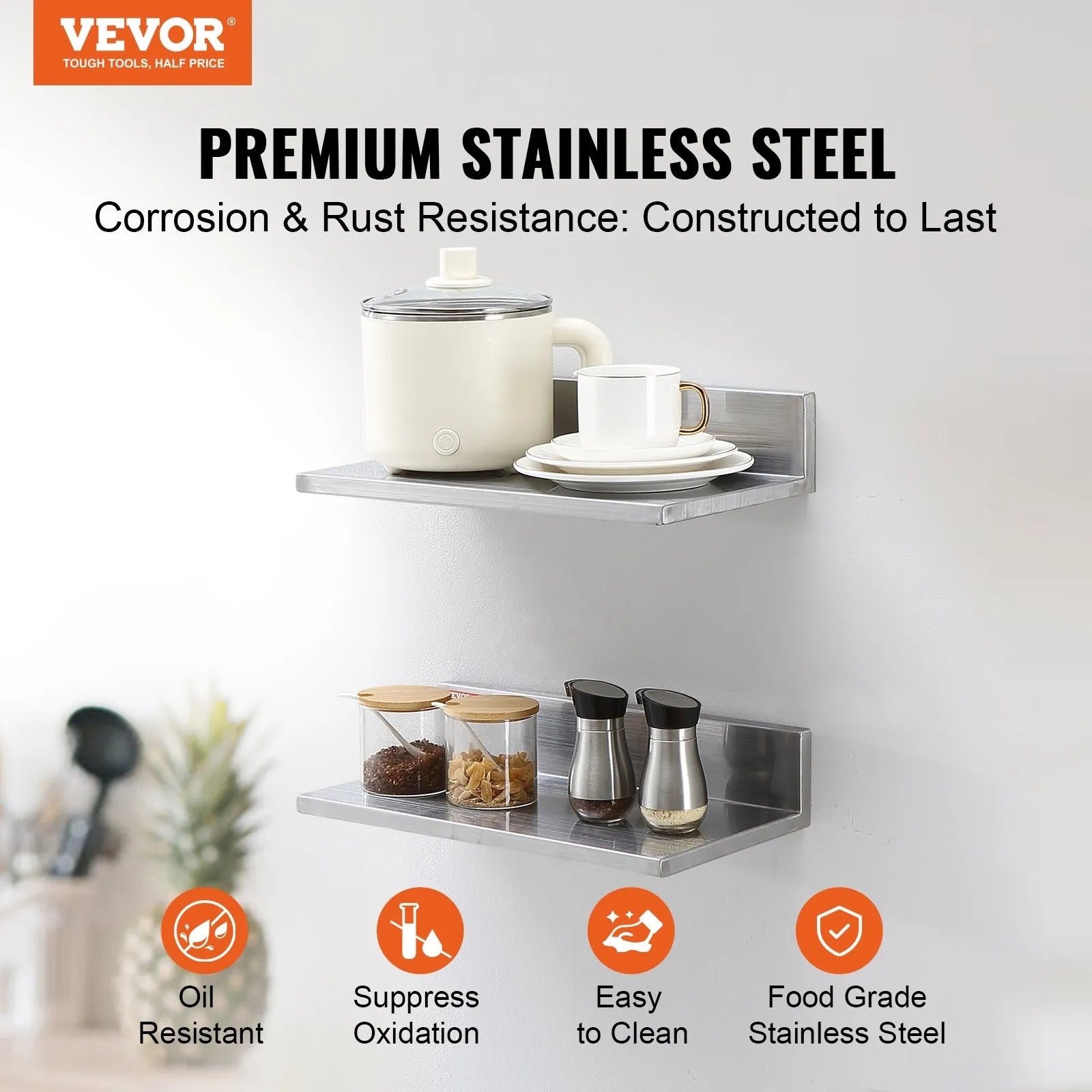 VEVOR 8.6" x 16" Stainless Steel Shelf, Wall Mounted Floating Shelving with Backsplash, 44 lbs Load Capacity Commercial Shelves, Heavy Duty Storage Rack for Restaurant, Kitchen, Bar, Home, and Hotel