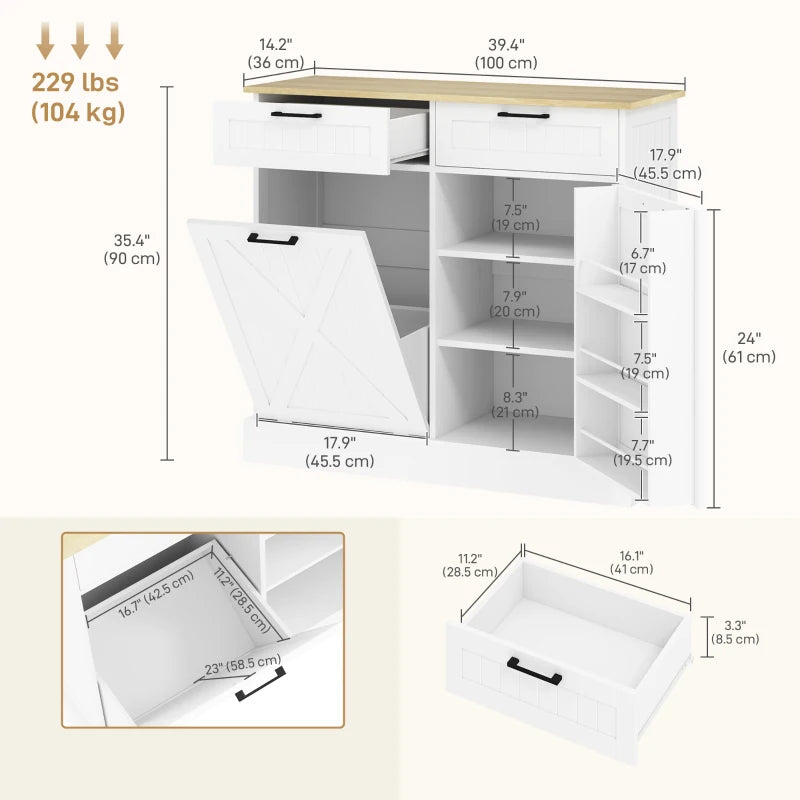 10 Gallon Hidden Garbage Bin Cabinet, Tilt Out Trash Cabinet w/ 2 Drawers, Freestanding Kitchen Island, White