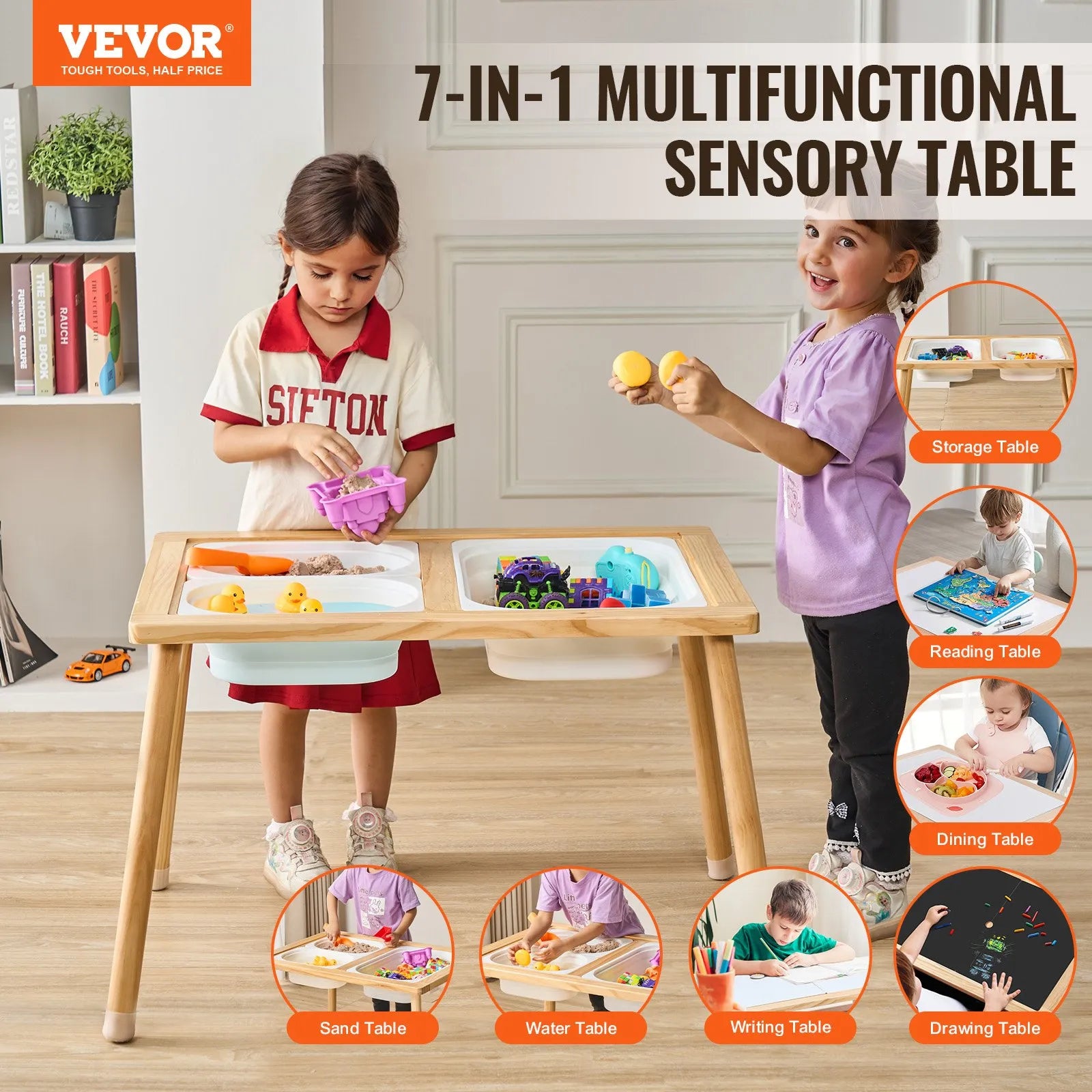 Kids Sensory Table Indoor Wooden Play Sand Water Table with 3 Storage Bins