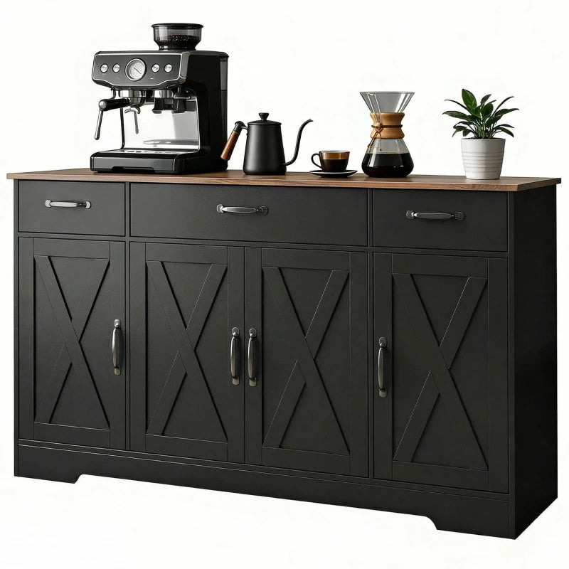 Sideboard Buffet Cabinet, 55" Farmhouse Kitchen Cabinet with 4 Barn Doors, 3 Drawers, 3 Adjustable Shelves, Black