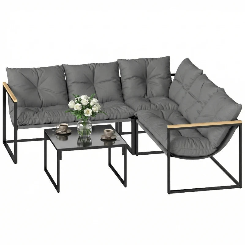 4 Piece Patio Furniture Set with Thick Cushions and Coffee Table, Patio Conversation Set for Porch, Balcony, Deck, Grey