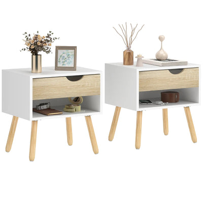 Set of 2 Bedside Table with Drawer and Shelf, Modern Nightstand with Wooden Legs, End Table for Bedroom, White