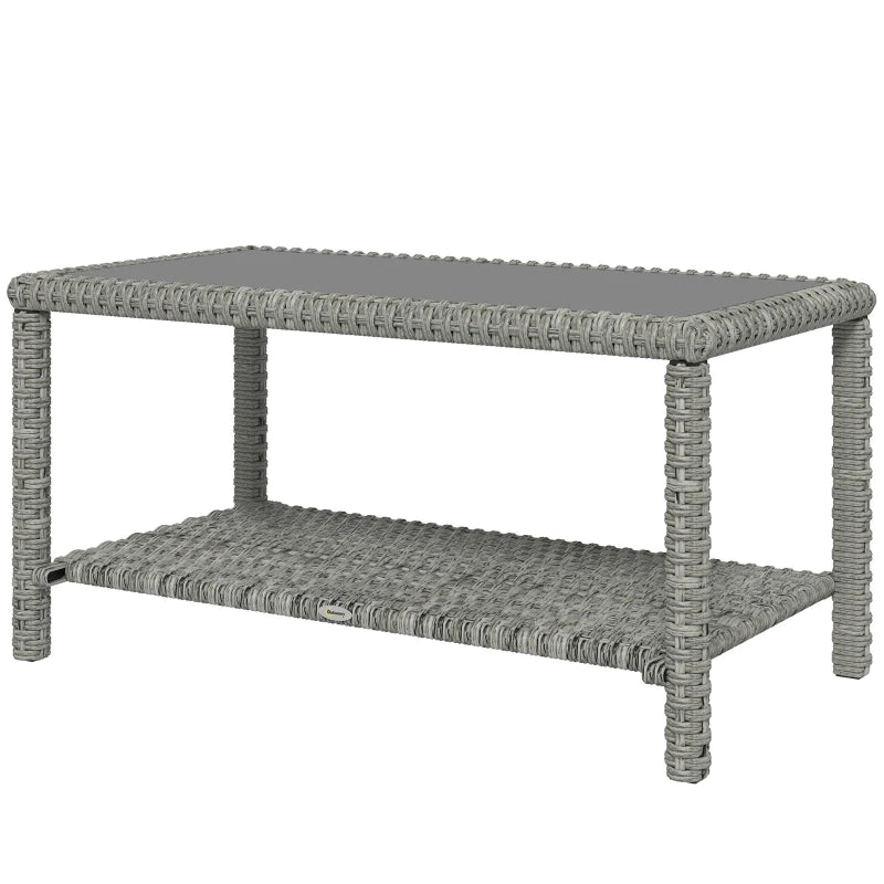 35" Outdoor Wicker Coffee Table with Glass Top, Storage Shelf for Garden Porch Balcony Deck, Dark Grey