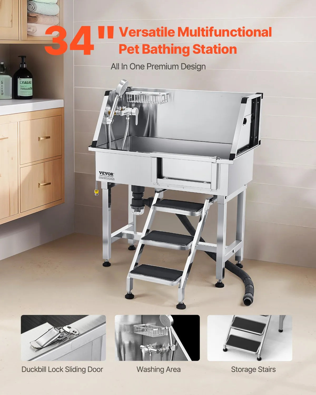 VEVOR 34" Dog Grooming Bath Tub Stainless Steel w Stairs Faucet Showerhead