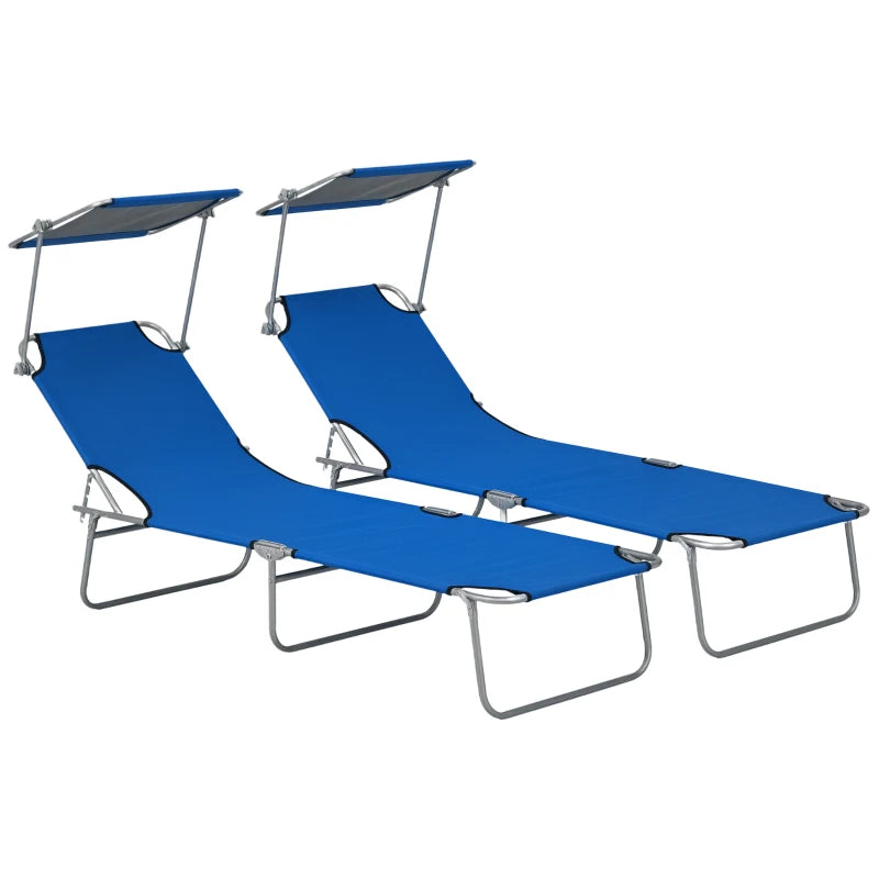 2Pcs Outdoor Lounge Chair, Adjustable Folding Chaise Lounge with Sun Shade for Beach, Camping, Hiking, Blue