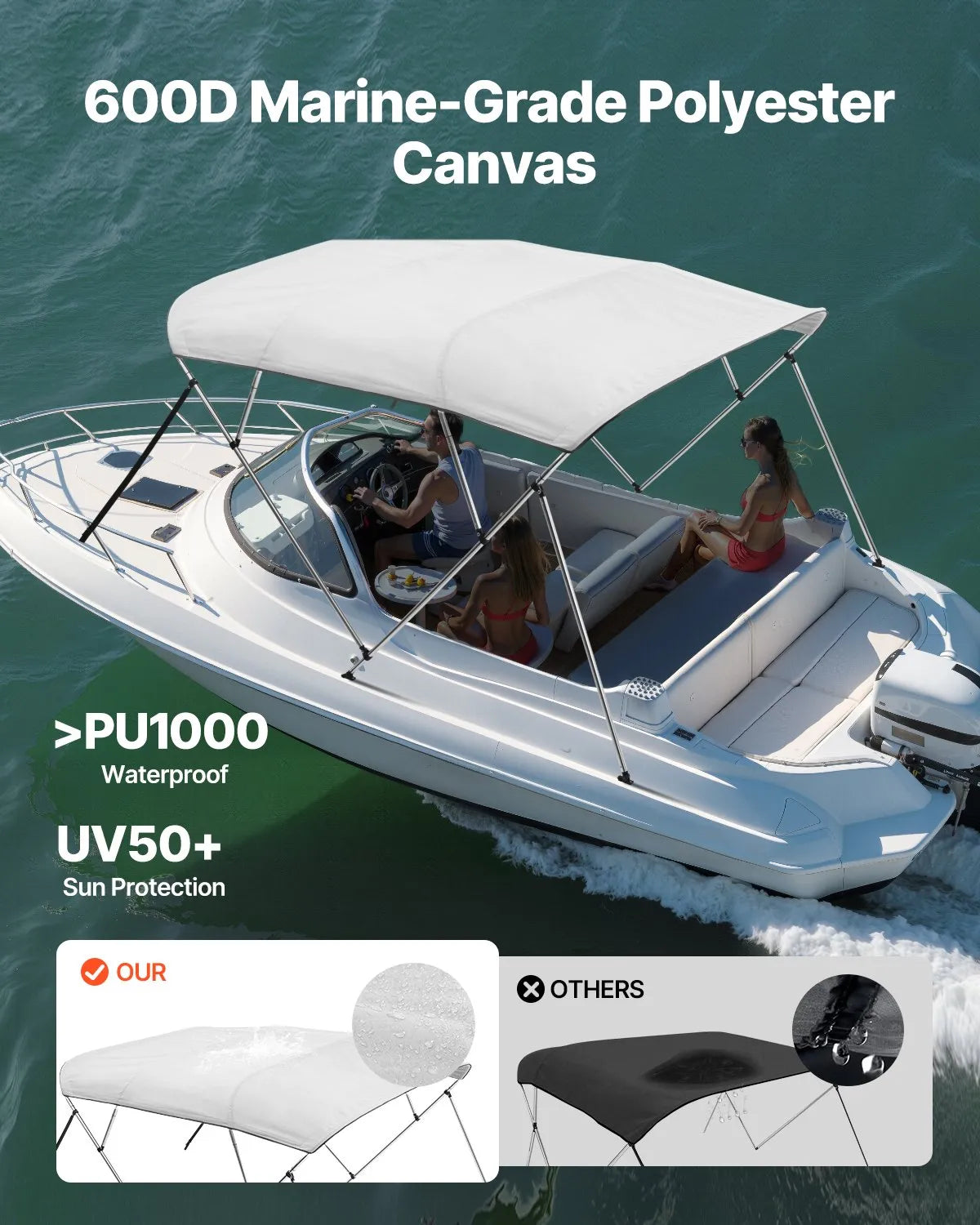 VEVOR 4 Bow Boat Bimini Tops 8'Lx(91"-96")W x 54"H Awning Canopy Light Grey