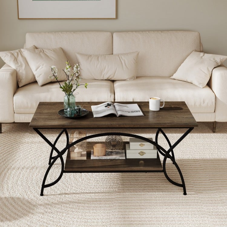 2-Tier Faux Marble Coffee Table with Marble Top and Metal Frame-Oak