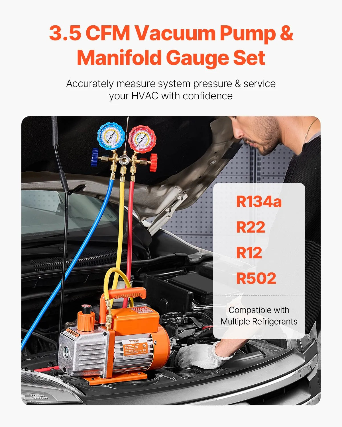 VEVOR 3.5 CFM HVAC Single Stage Rotary Vane Vacuum Pump and Manifold Gauge Kit