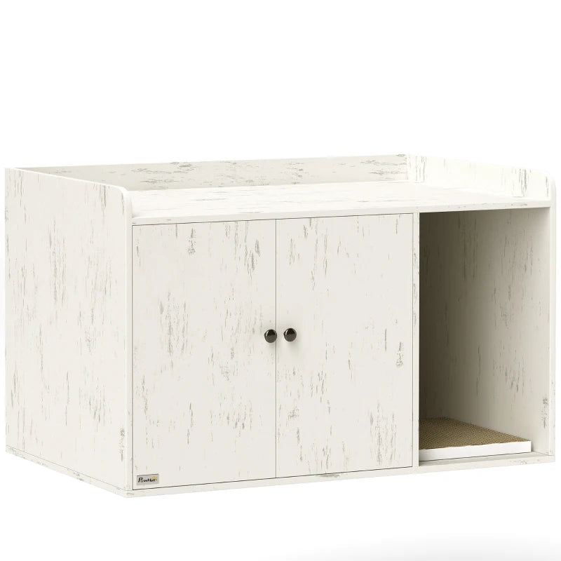 32" Cat Litter Box Enclosure with Scratching Mat, Cat Entrance, Fit Most of Cat and Litter Box, Distressed White