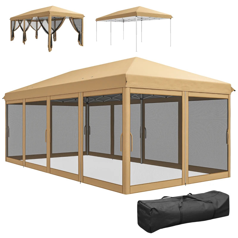 10' x 20' Pop Up Canopy Tent Gazebo with Removable Mesh Sidewall Netting, Carry Bag for Backyard Patio Outdoor, Beige