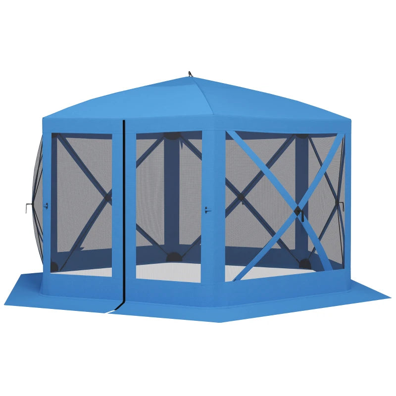 12' x 12' Hexagon Automatic Pop Up Screen Tents, Camping Shelter w/ Mesh Sidewalls and Carry Bag Blue
