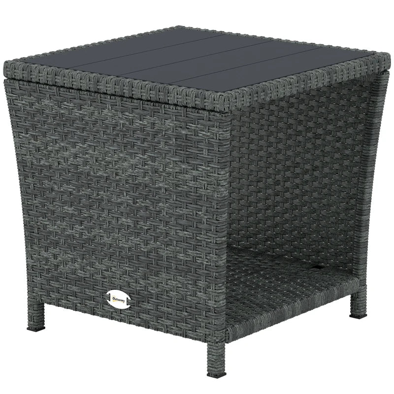 17.7" Wicker Side Table with Storage Shelf, Square PE Rattan Outdoor End Table with PS Wood Slat Top, Grey