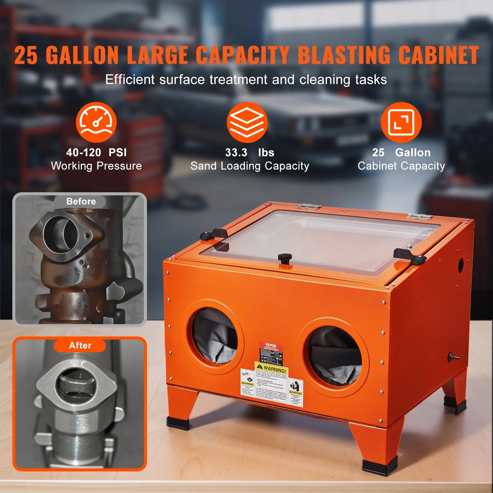 VEVOR 25 Gallon Sandblasting Cabinet, 40-120PSI Portable Benchtop Sand Blasting Cabinet, Heavy Duty Steel Sand Blaster with Blasting Gun & 4 Ceramic Nozzles for Paint, Stain, Rust Removal