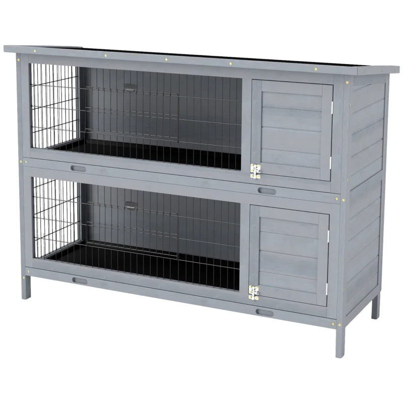 2 Tier Wooden Rabbit Hutch Bunny Pet House Wooden Coop Run, Grey