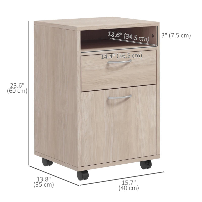 24" Small Filing Cabinet with Open Compartment, Drawer and Wheels, Home Office Storage Cabinet, Oak