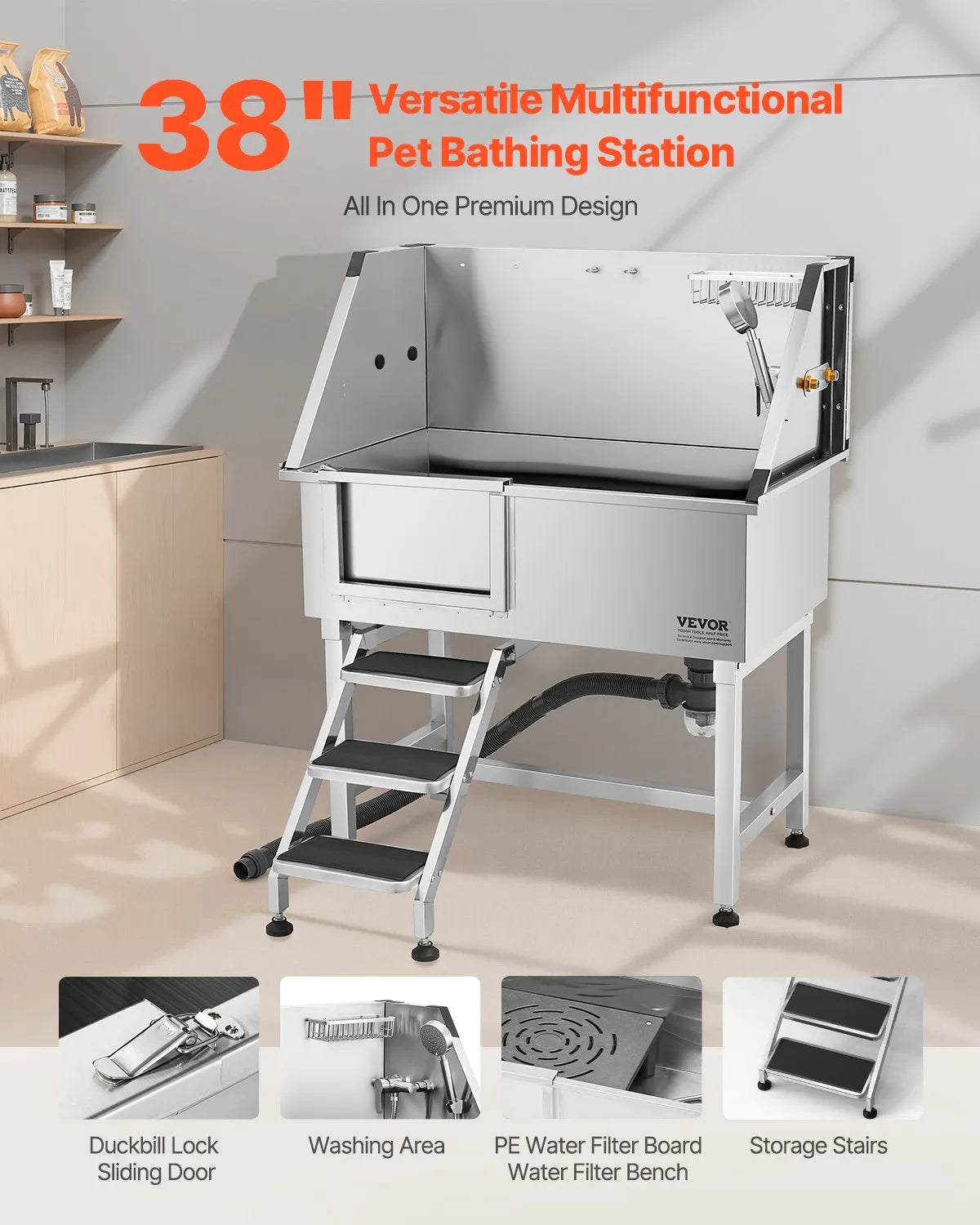 VEVOR 38" Dog Grooming Bath Tub Stainless Steel w/ Stairs Faucet Left Door