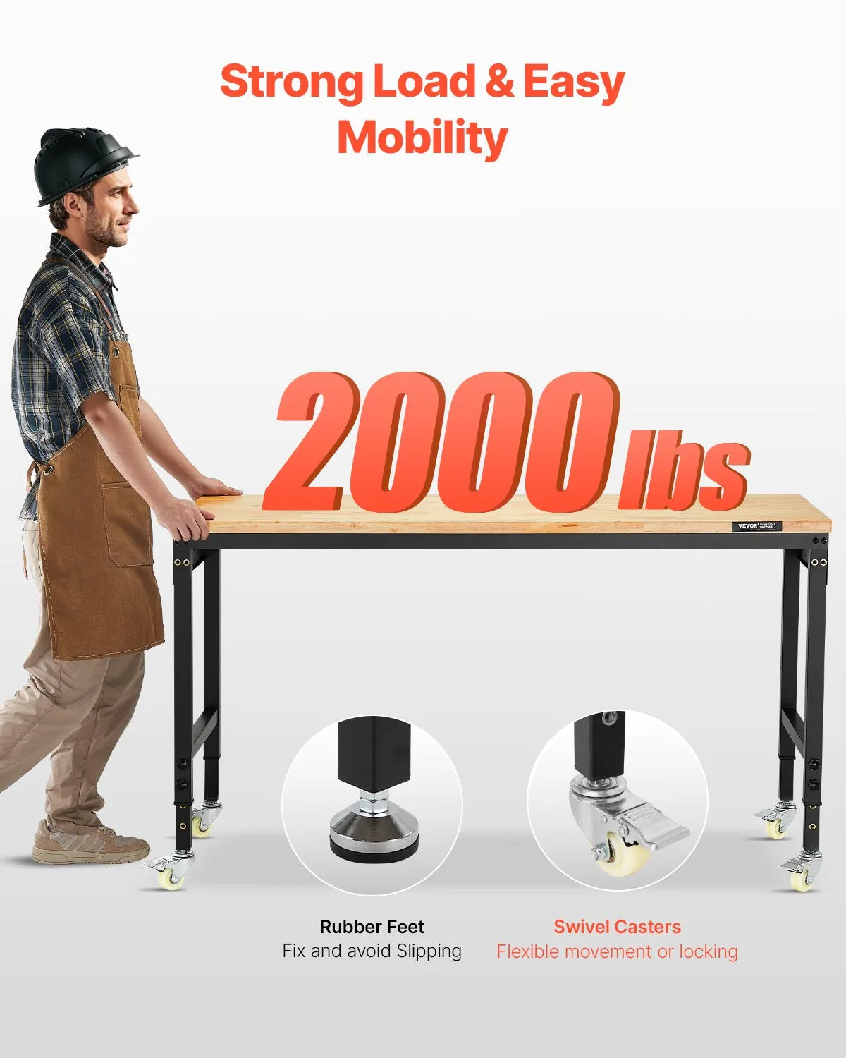 VEVOR 60" Workbench on Wheels Adjustable Height Table with Power Outlet & Pegboard