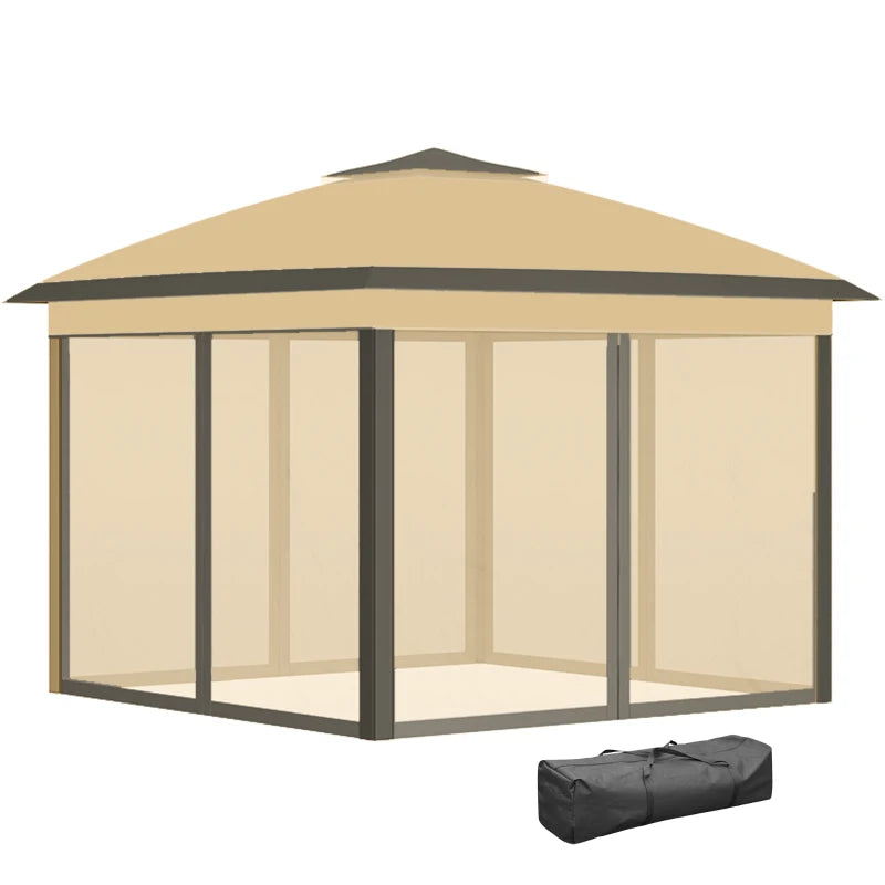 11' x 11' Pop Up Gazebo, Double Roof Foldable Height Adjustable Canopy Tent with Mesh Sidewalls, Carrying Bag, Beige