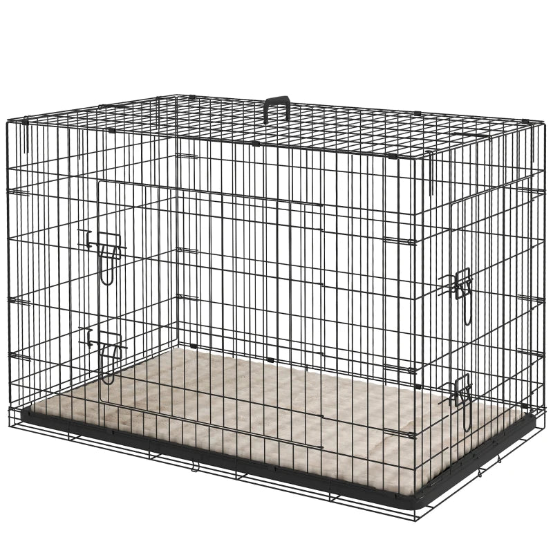 41" Dog Crate with 2 Doors, Folding Metal Dog Cage with Soft Cushion, Removable Tray, Handle, for Small Dogs, Black