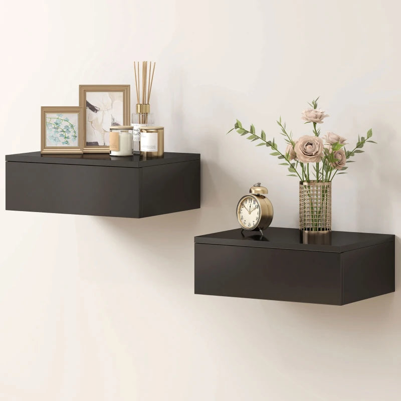Set of 2 Wall Mounted Bedside Tables, Floating Nightstands with Drawer for Bedroom, Black
