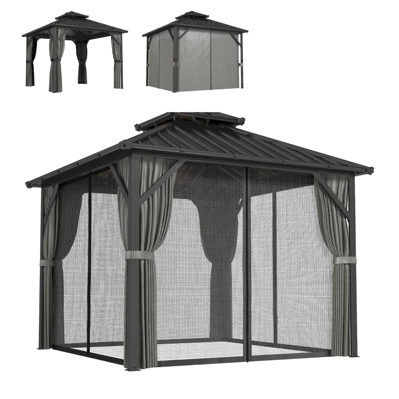 10' x 10' Hardtop Gazebo Canopy with Double Galvanized Steel Roof, Aluminium Frame Permanent Outdoor Gazebo, Dark Grey