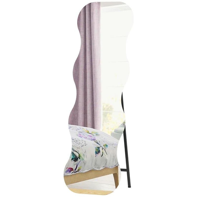64" x 21" Full Length Mirror, Irregular Wavy Frameless Full Body Mirror with Pine Wood Base for Bedroom, Black