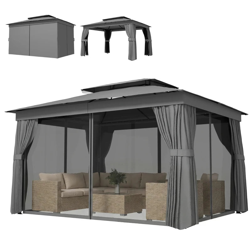 10' x 12.5' Outdoor Gazebo with Curtains and Netting, Double Roof Metal Patio Gazebo Canopy Shelter with Hook, Dark Grey
