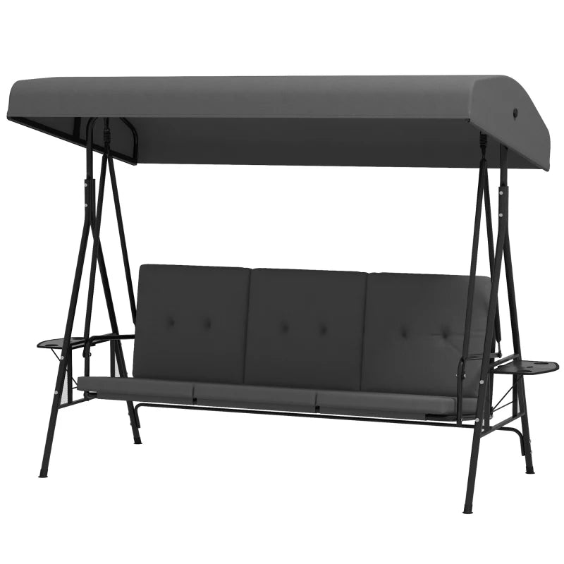 3-Seat Outdoor Porch Swing Patio Swing with Adjustable Canopy, Side Tray, Removable Cushion for Garden, Poolside, Grey