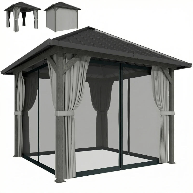 10' x 10' Hardtop Gazebo with Galvanized Steel Roof, Permanent Garden Gazebo with Netting and Curtains
