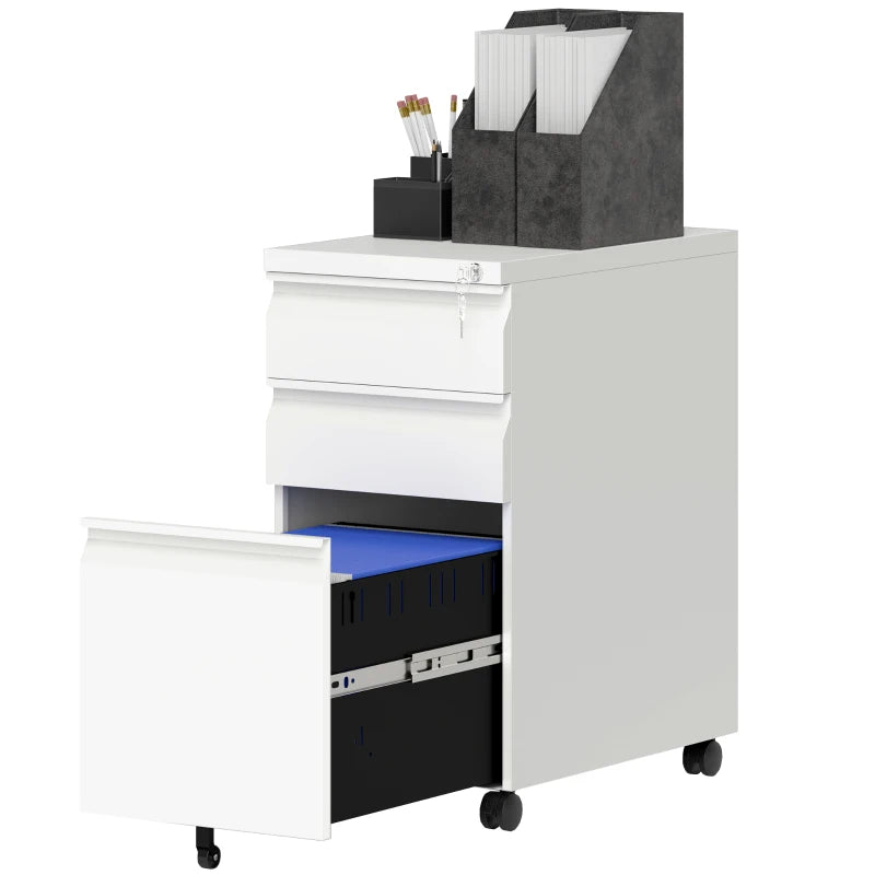 3 Drawer Filing Cabinet with Lock, Steel Office Storage Cabinet with Hanging Bar for A4, Legal, Letter Files, White