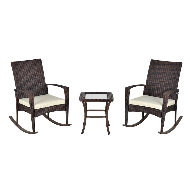 3 Pieces Patio Wicker Rocking Chair Set, Outdoor PE Rattan Bistro Set Conversation Rocker Set with 2 Chairs 1 Coffee Table for Backyard, Deck, Poolside, Cream White
