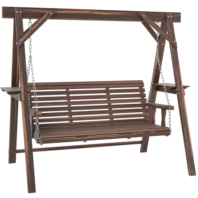3 Seat Wooden Porch Swing with Stand, Patio Swing with Side Tables, for Garden, Poolside, Backyard, Carbonized Brown