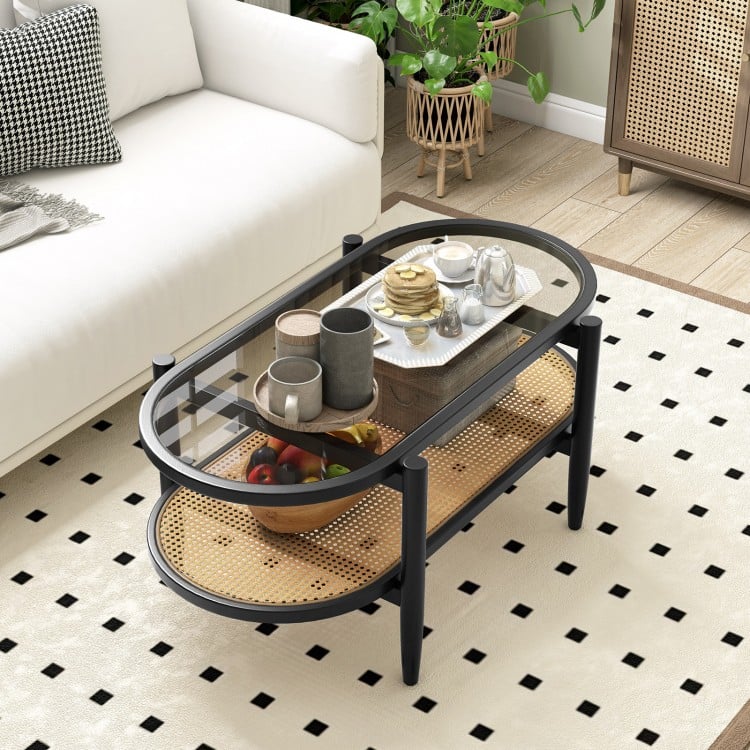 2-Tier Coffee Table with Tempered Glass Tabletop and Acacia Wood Frame-Black