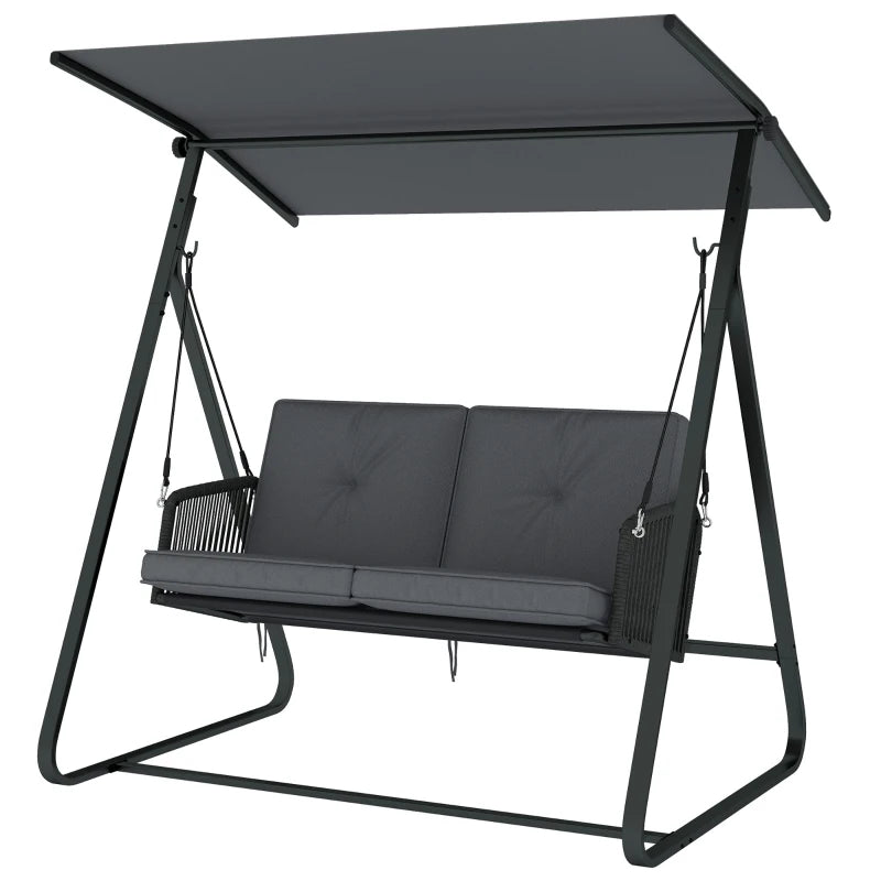 2-Person Outdoor Patio Porch Swing with Adjustable Canopy, Rattan Hanging Swing Bench with Soft Cushions