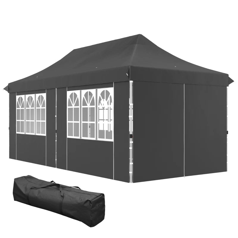 20x10 Pop Up Canopy with 6 Removable Sidewall, Carry Bag and 6 Sand Bags, Height Adjustable Instant Sun Shelter, Grey