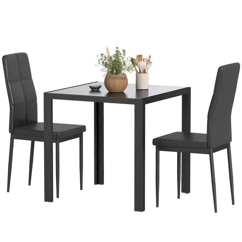 3-Piece Rectangular Glass Kitchen Table and Chairs with Metal Frame and Faux Leather Upholstery for Dining Room, Black
