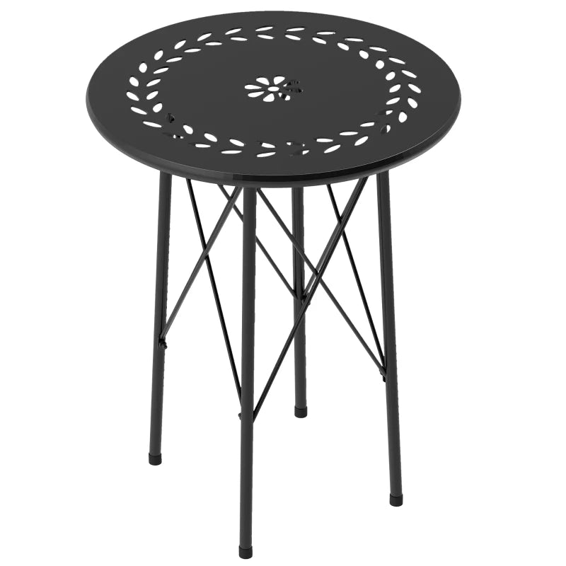 15.7" Round Garden Table with Floral Cut-Out, Steel Balcony Side Bistro Coffee Table with Adjustable Feet, Black