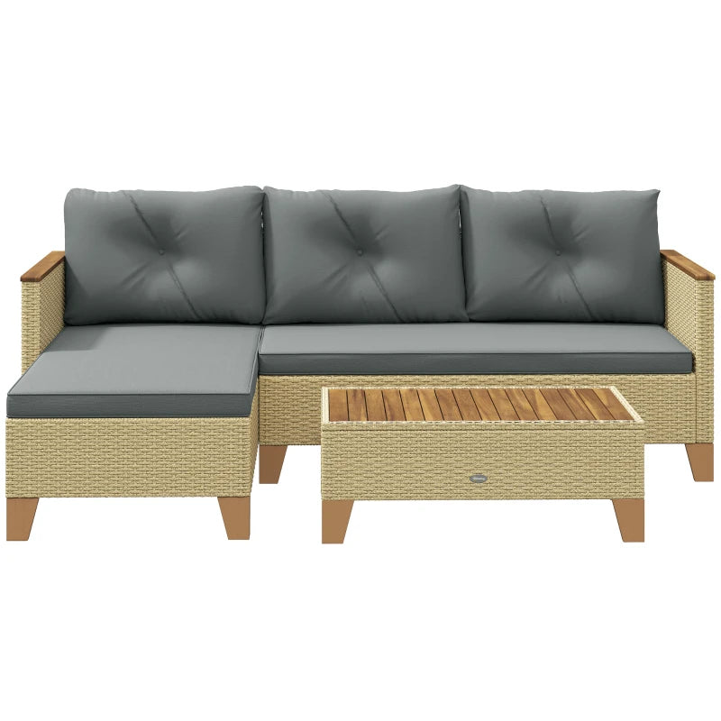 3 Piece Patio Furniture Set, L-Shaped Outdoor Furniture Conversation Set with Wood Top Coffee Table, Light Grey