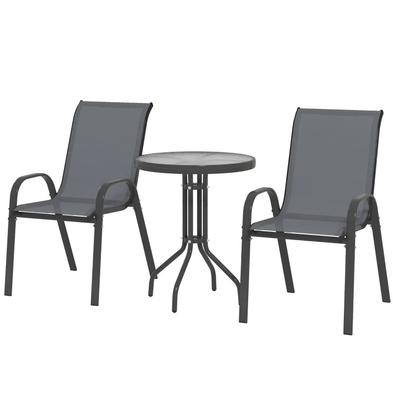 3 Pieces Bistro Set, Small Patio Furniture Set with Stackable Mesh Chairs, Glass Table for Garden, Balcony, Dark Grey