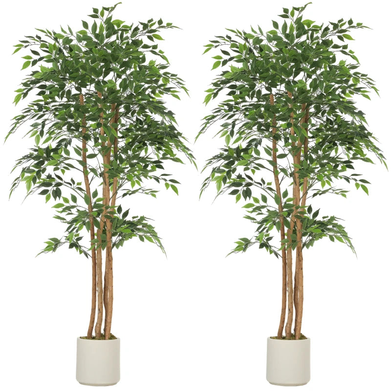 6FT Artificial Banyan Tree Set of 2, Fake Potted Tree with Solid Wood Trunk and Pot for Indoor