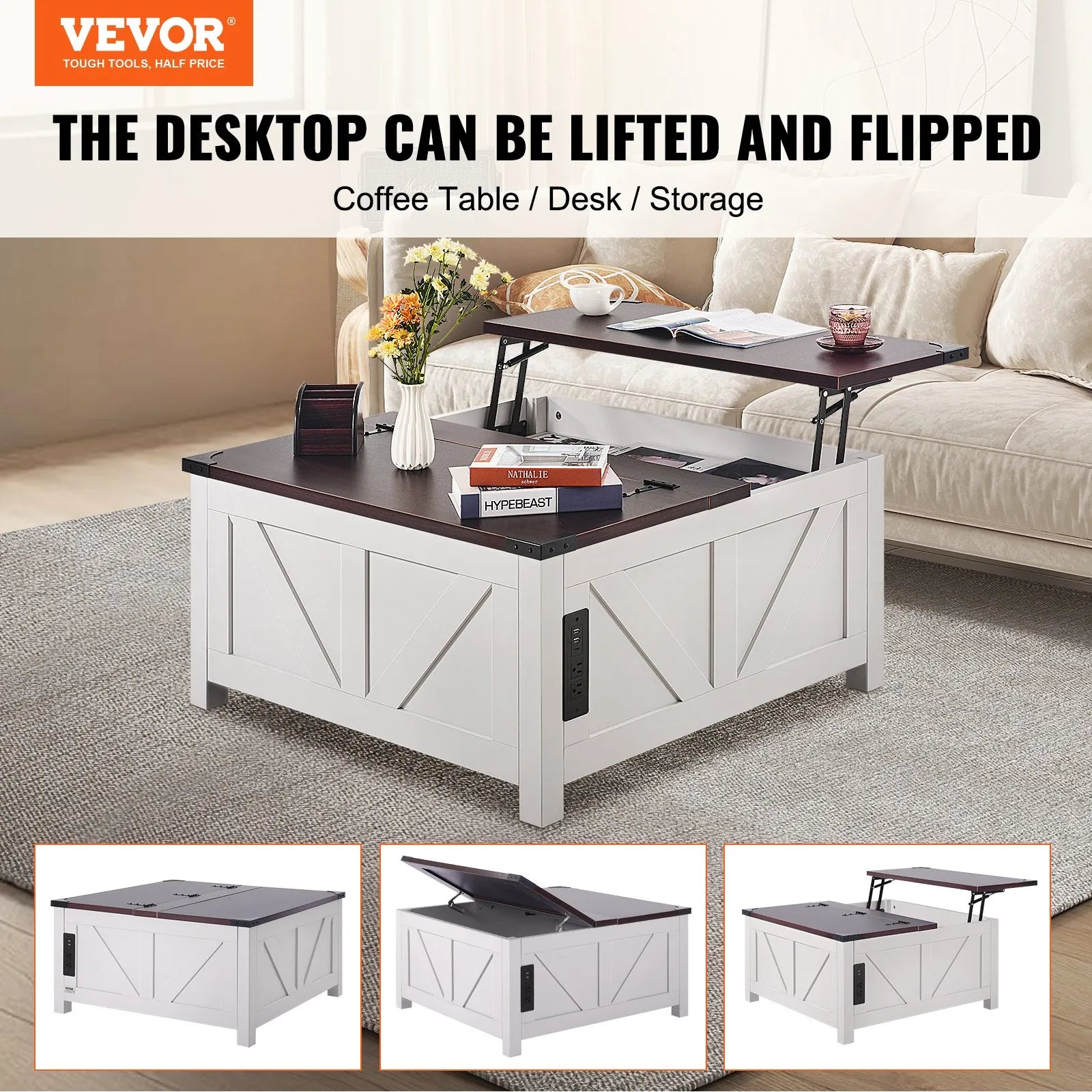 VEVOR 36" Farmhouse Coffee Table Hinged Lift Top Square Table with Power Strip