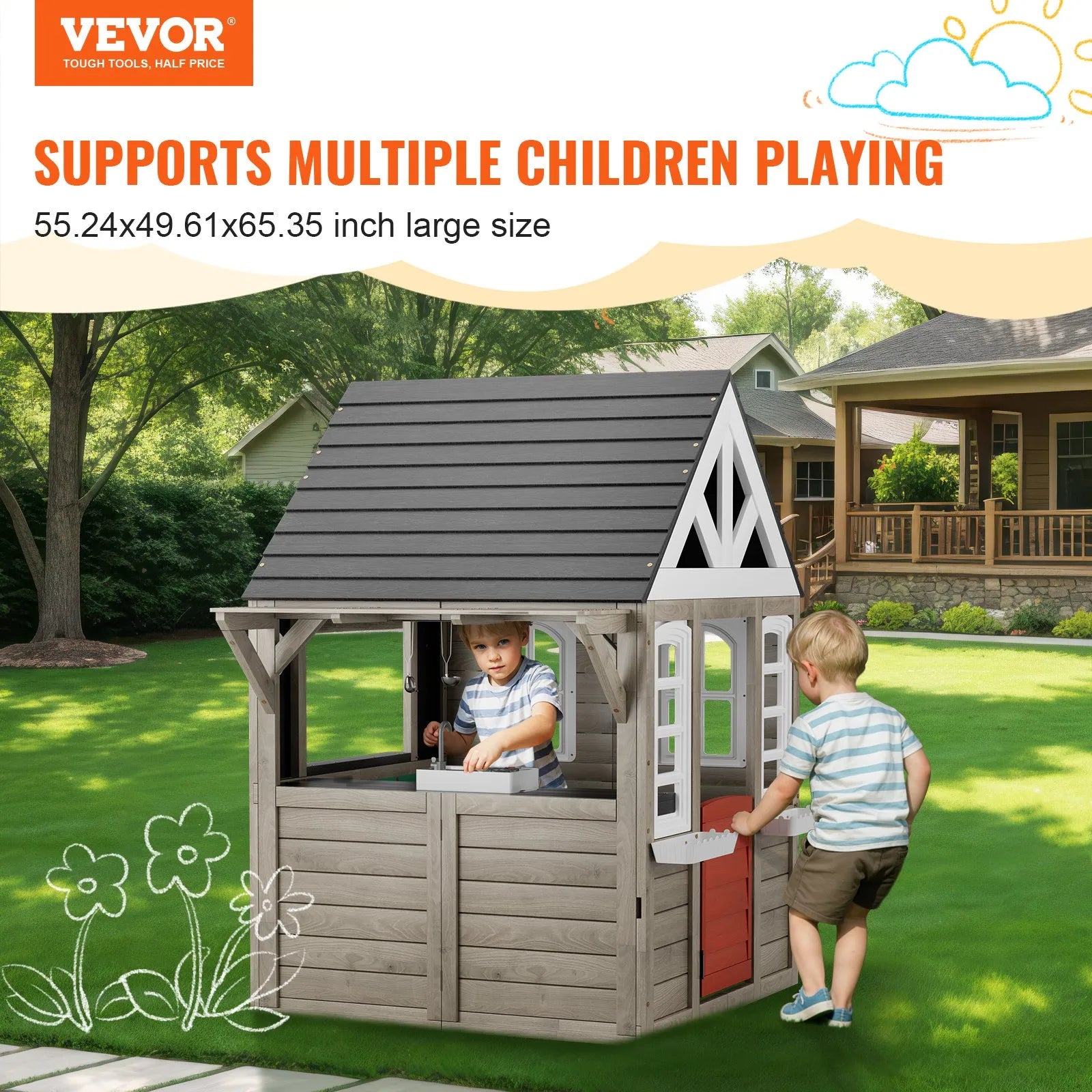 VEVOR Outdoor Wooden Playhouse Kids Garden Games Cottage with Door Window Sink