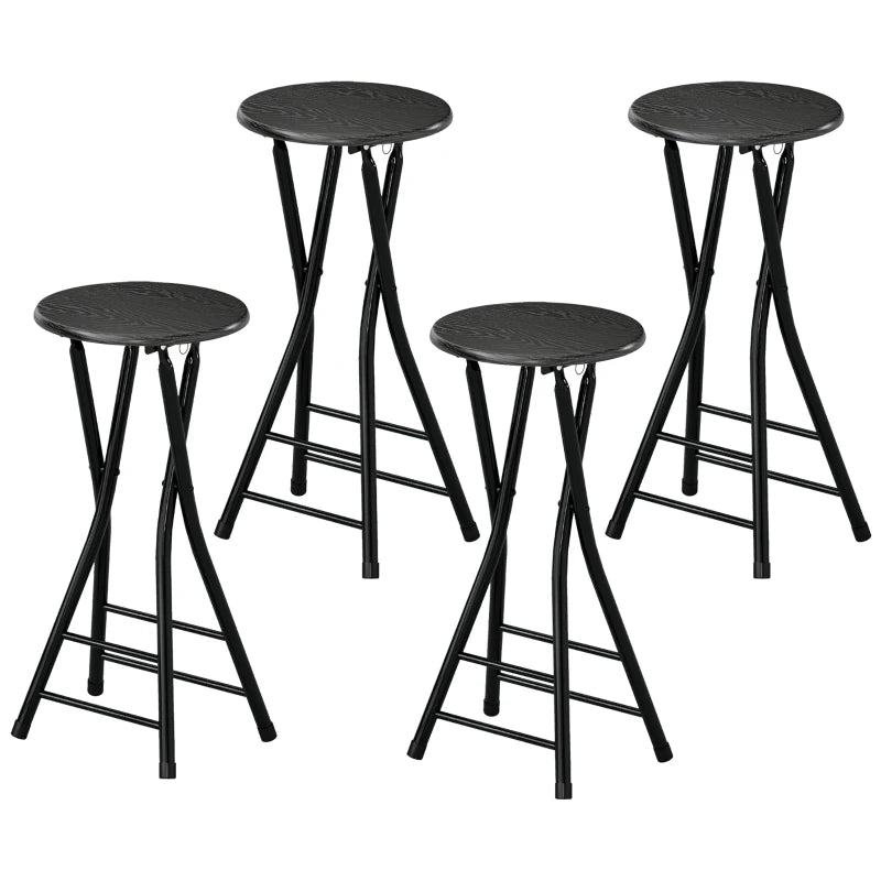 Set of 4 Foldable Barstools, Counter Height Bar Stools with Footrest and Steel Legs for Kitchen Island, Black