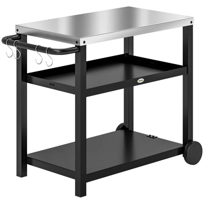 3-Shelf Outdoor Grill Dining Cart Pizza Oven Stand with Stainless Steel Top, Movable BBQ Food Prep Table Outdoor Kitchen Island with Hooks Wheels Handle, Charcoal Grey