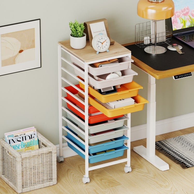 10-Drawer Rolling Storage Cart Mobile Utility Organizer with Wooden Tabletop and Lockable Wheels-Macaron