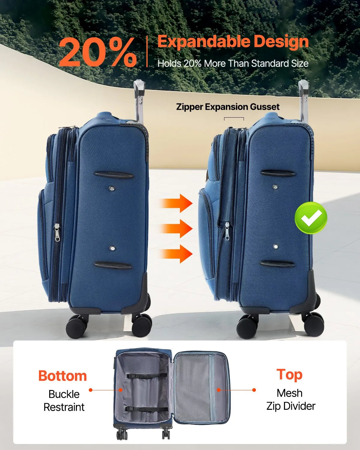 VEVOR 20" Softside Expandable Luggage with Spinner Wheels Carry on Suitcase Blue