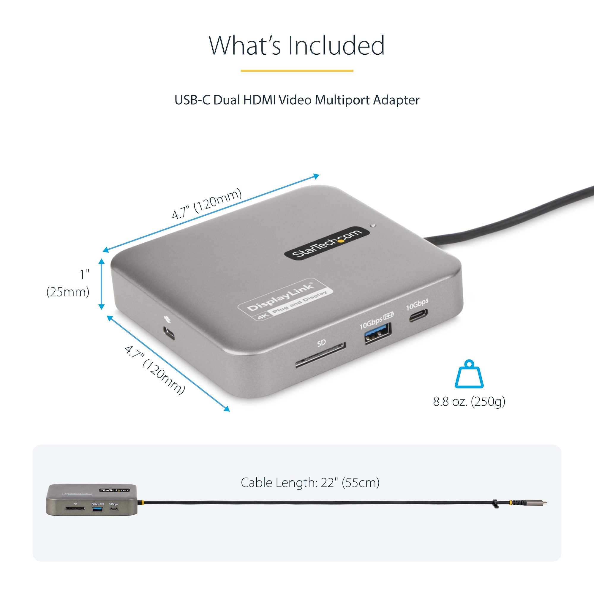 USB C Docking Station, Dual 4K 60Hz HDMI compatible with MacBook Pro (M1/M2/M3/M4) and Windows, USB-A/USB-C 10Gbps Hub, 100W Power Delivery, GbE, SD, 22in/56cm Cable